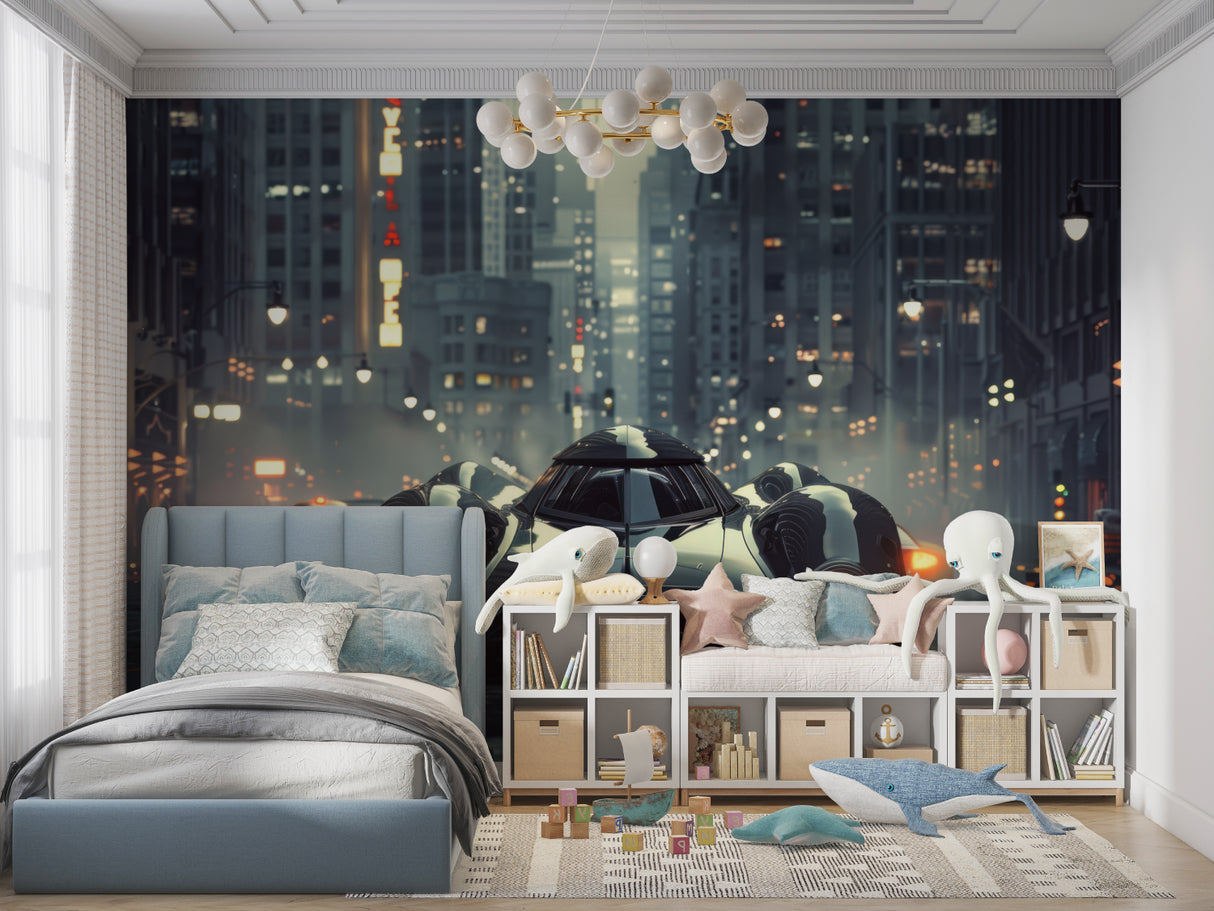 Car mural wallpaper creating focal point in contemporary living room setting