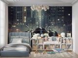 Car mural wallpaper creating focal point in contemporary living room setting