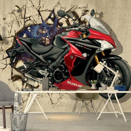 3D Motorcycle Breaking Wall Mural styled in modern gaming room, showing dramatic depth effect