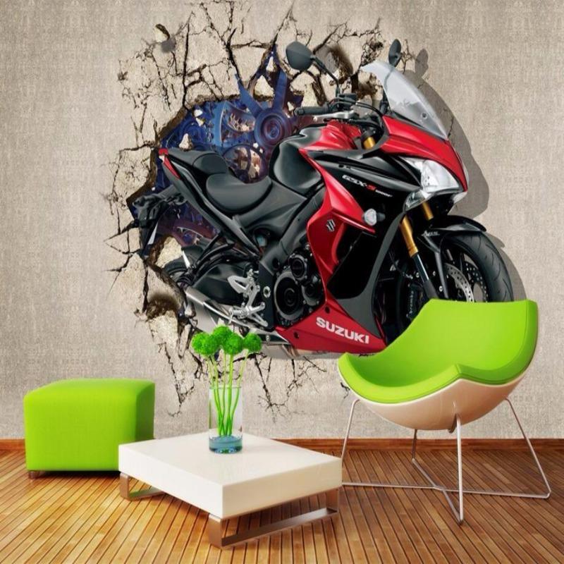 3D Motorcycle Wallpaper installed in teen bedroom, showcasing dynamic breaking wall effect