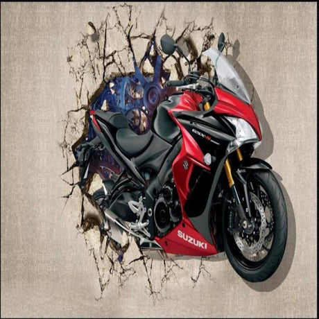 3D Motorcycle Breaking Wall design file showing detailed pattern and realistic texture effects