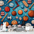 Sports theme wallpaper displayed in modern kids bedroom with blue accents and sports equipment
