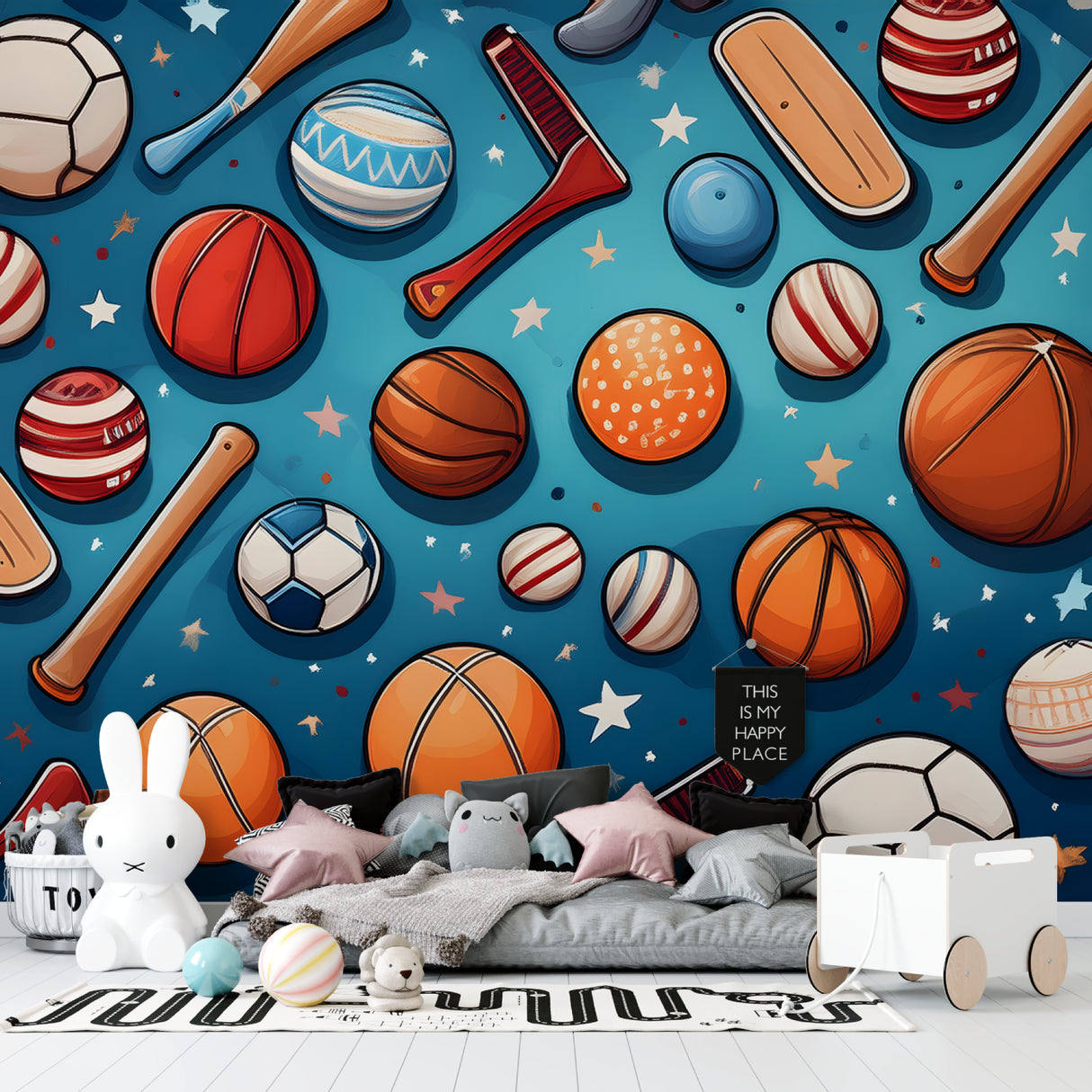 Sports theme wallpaper displayed in modern kids bedroom with blue accents and sports equipment