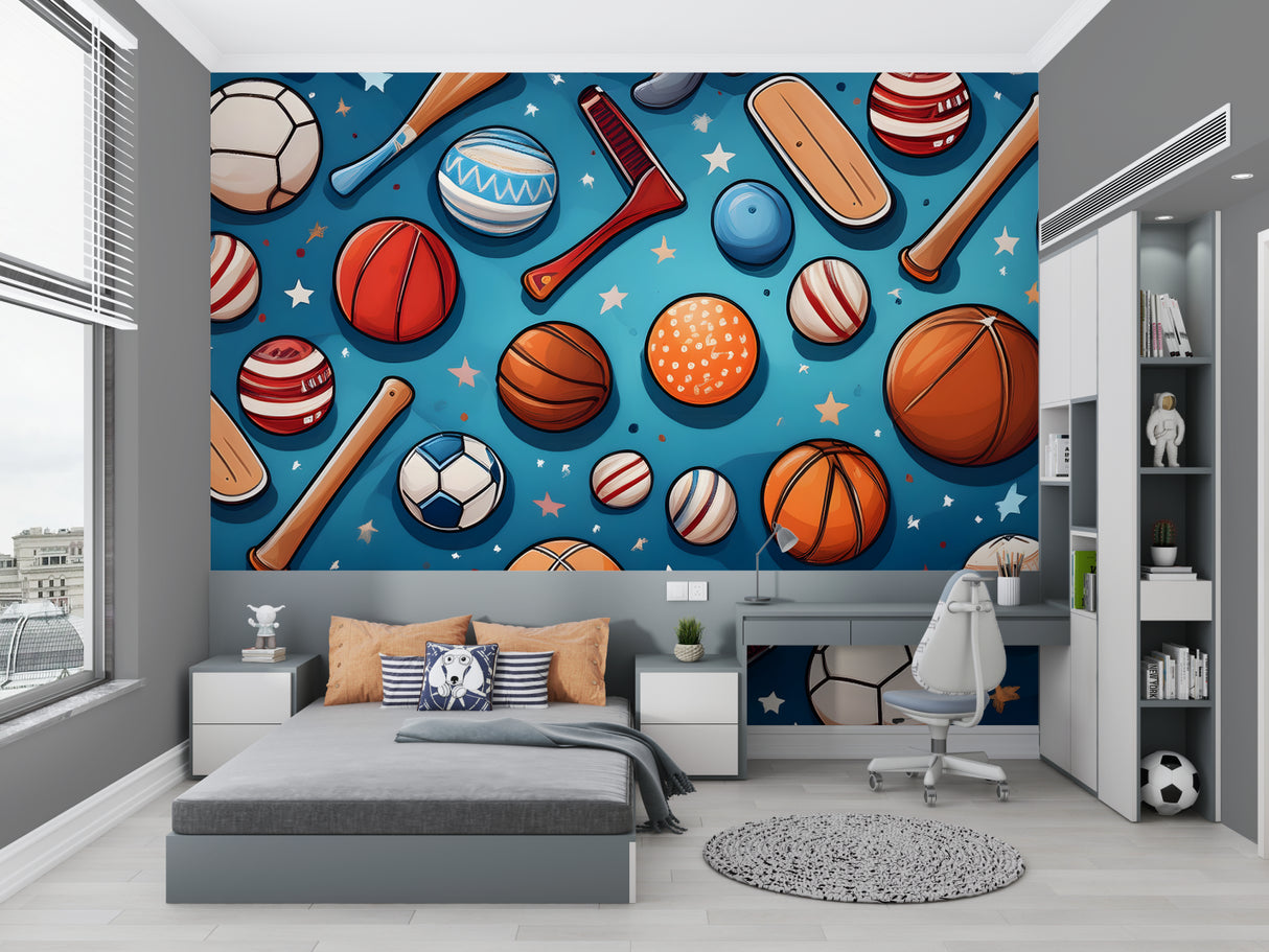 Basketball and football wallpaper creating energy in teenage game room