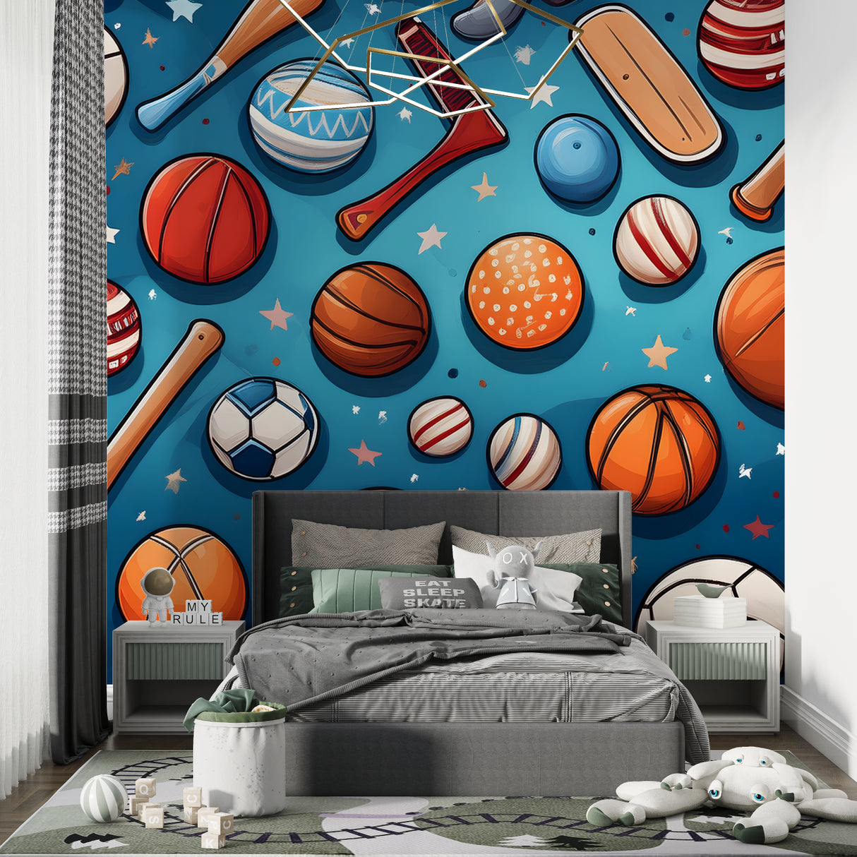 Sports mural installed in family playroom showing scale and vibrant colors