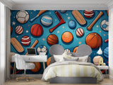 Close-up of sports theme wall mural in child's study area