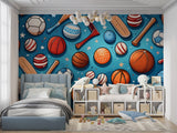 Sports wallpaper bringing life to modern basement recreation space