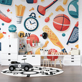 Kids room transformed with sports themed wall mural featuring basketball and gaming elements