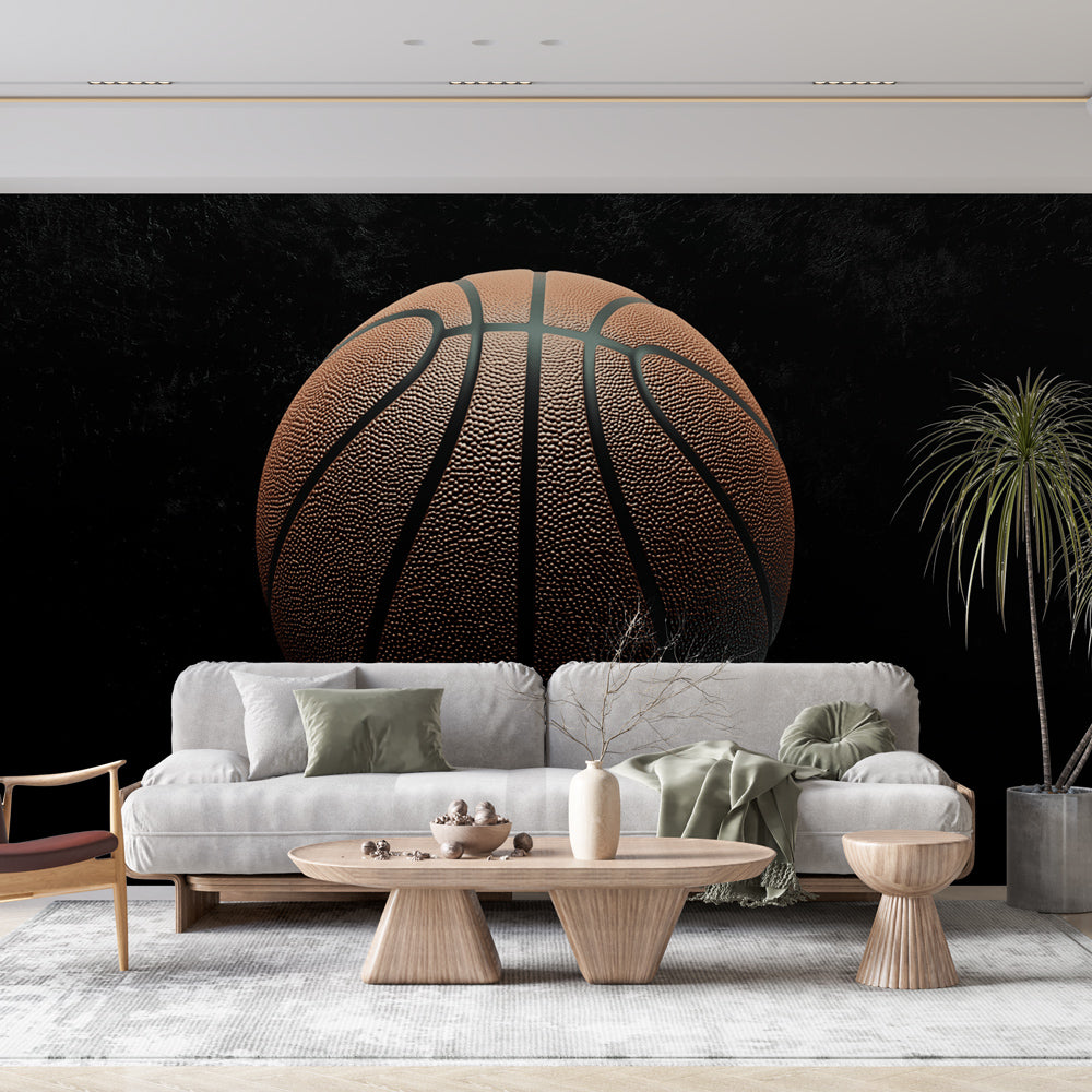 Basketball wallpaper mural displayed in a modern teen bedroom, showing the dramatic close-up design adding depth to the space
