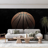 Basketball wallpaper mural displayed in a modern teen bedroom, showing the dramatic close-up design adding depth to the space