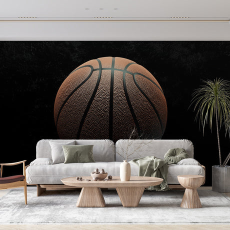 Basketball wallpaper mural displayed in a modern teen bedroom, showing the dramatic close-up design adding depth to the space