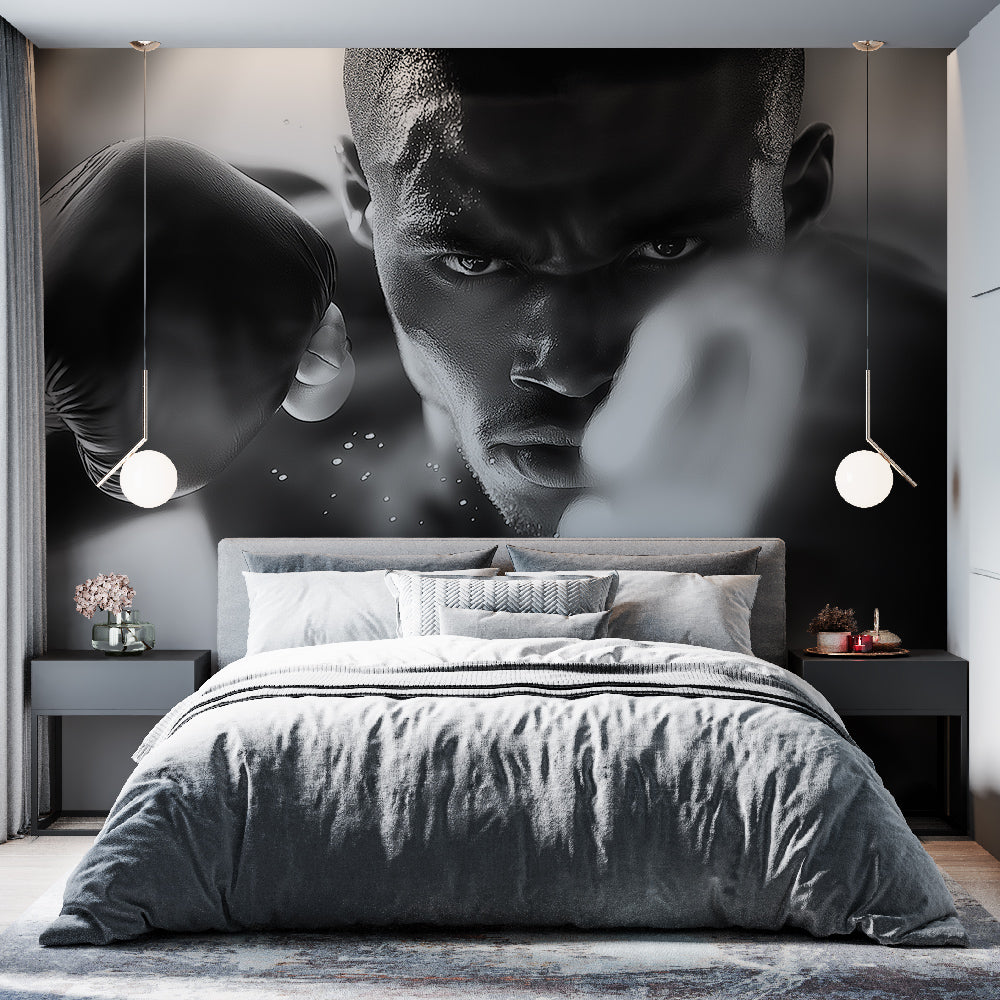 Black and white boxing wallpaper creating dramatic impact in modern home gym with training equipment