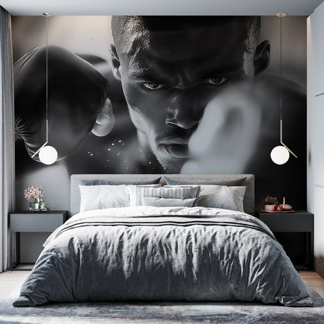 Black and white boxing wallpaper creating dramatic impact in modern home gym with training equipment