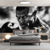 Black and white boxing portrait wallpaper creating dramatic impact in modern home gym setting