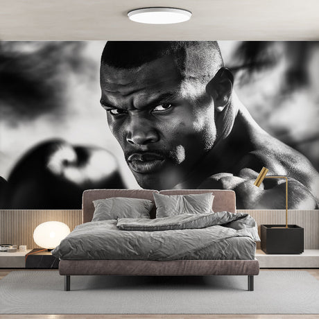 Black and white boxing portrait wallpaper creating dramatic impact in modern home gym setting