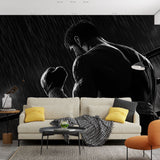 Black and white boxing scene mural wallpaper displayed in a modern home gym, creating an inspiring workout atmosphere