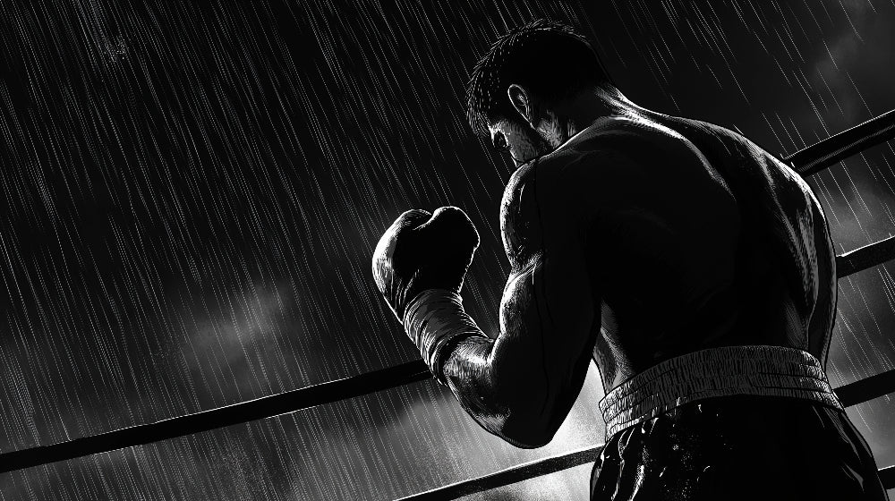 Boxing scene wallpaper design file showing dramatic monochrome pattern with rain effects