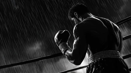 Boxing scene wallpaper design file showing dramatic monochrome pattern with rain effects