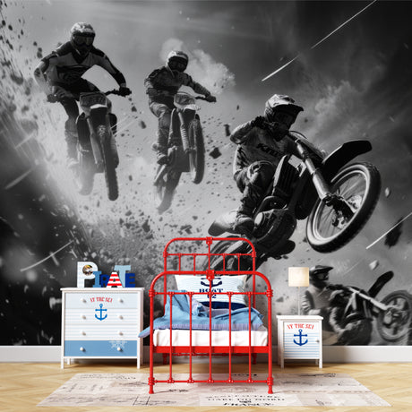 Motocross wallpaper bringing dramatic action to a modern teen bedroom with black and white design