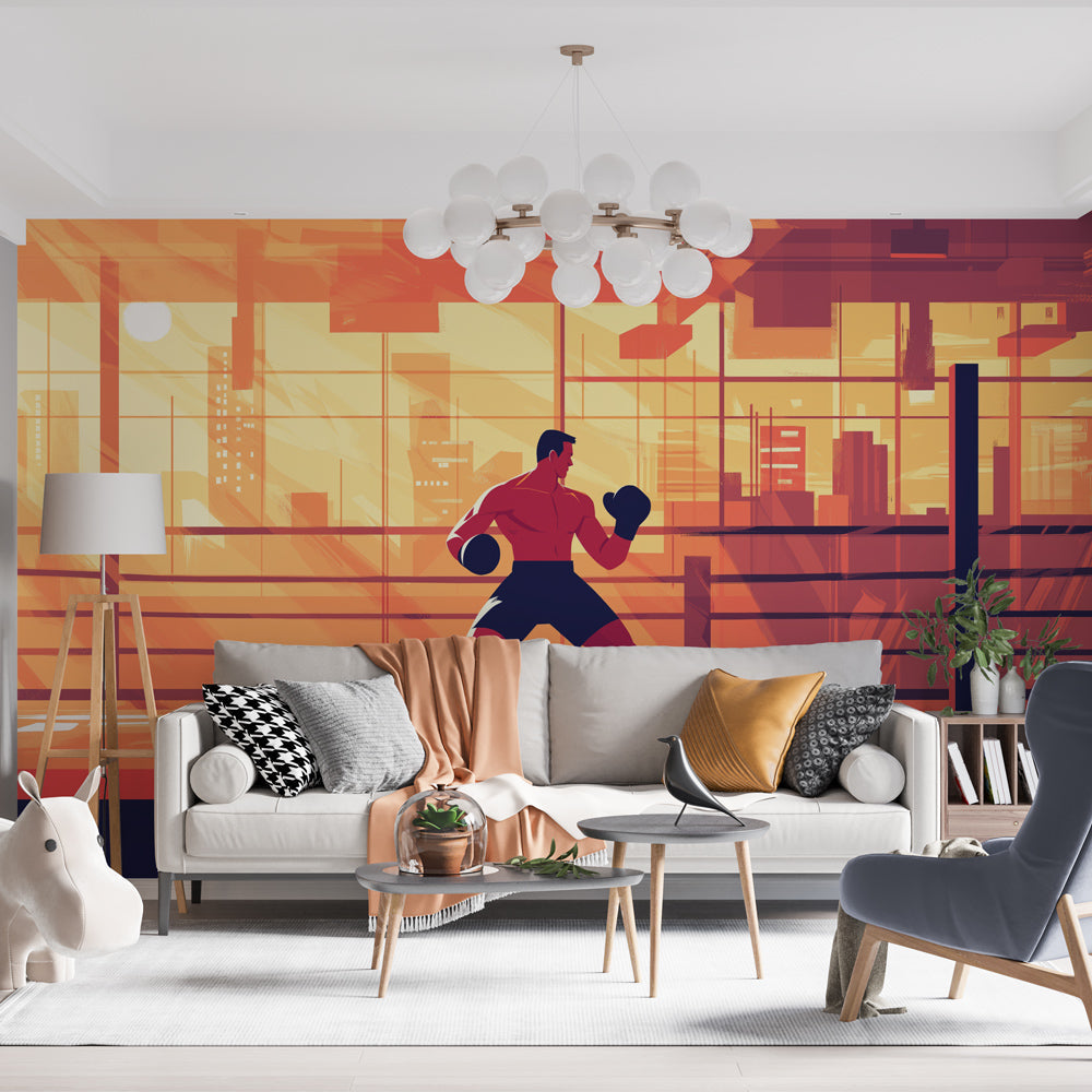 Boxing Champion Sunset Mural installed in a modern home gym, showing dramatic orange sunset tones against urban backdrop