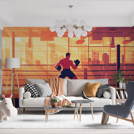 Boxing Champion Sunset Mural installed in a modern home gym, showing dramatic orange sunset tones against urban backdrop