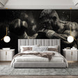 Boxing wall mural displayed in modern home gym, showing dynamic black and white action shot with dramatic lighting
