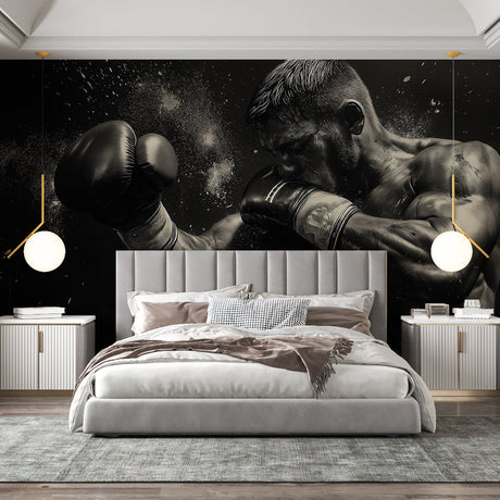 Boxing wall mural displayed in modern home gym, showing dynamic black and white action shot with dramatic lighting