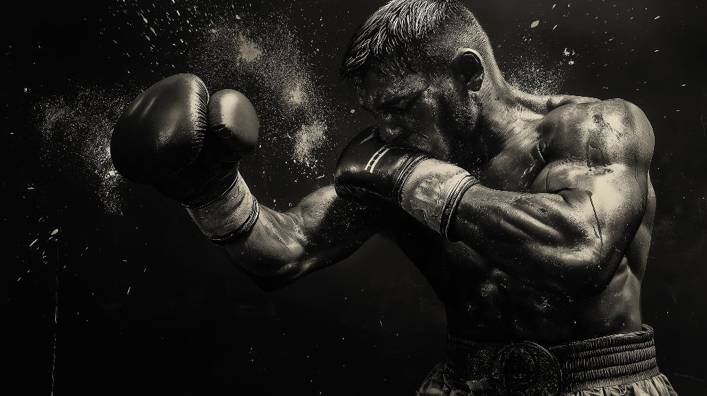 Boxing champion design file showing detailed monochrome pattern with light particle effects