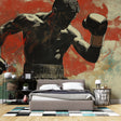 Boxing Champion wallpaper mural displayed in a modern home gym, showing dynamic silhouette against terracotta background