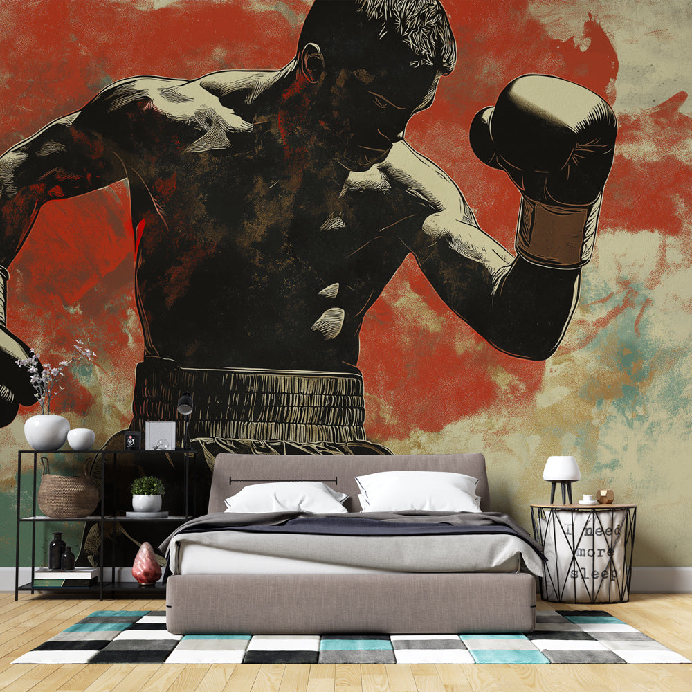 Boxing Champion wallpaper mural displayed in a modern home gym, showing dynamic silhouette against terracotta background
