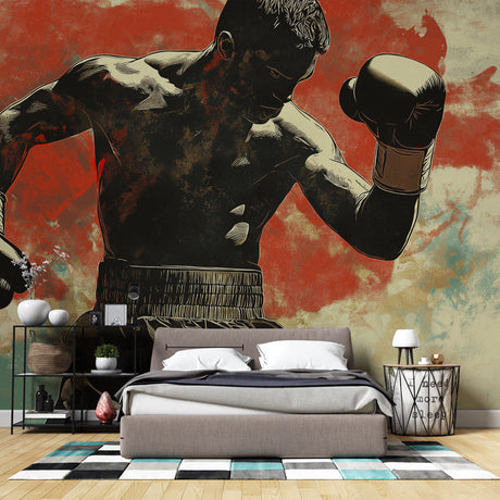 Boxing Champion wallpaper mural displayed in a modern home gym, showing dynamic silhouette against terracotta background