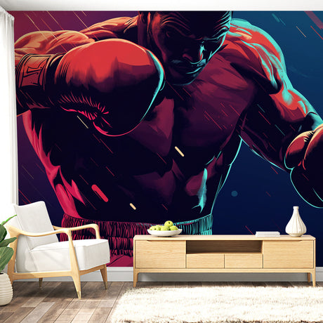 Boxing wallpaper mural displayed in modern home gym, showing dynamic combat sports design against deep navy backdrop