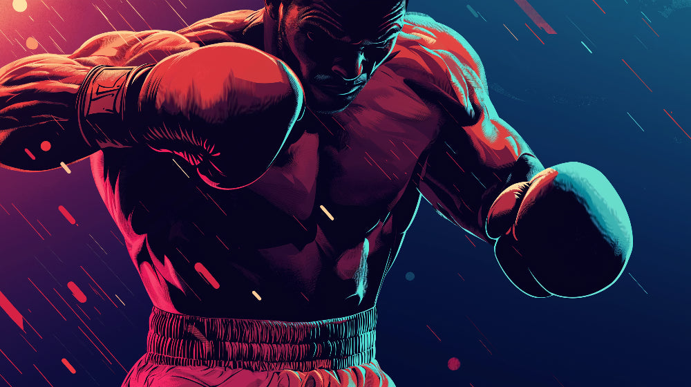Boxing champion design file showing dramatic contrast with crimson and cyan color palette