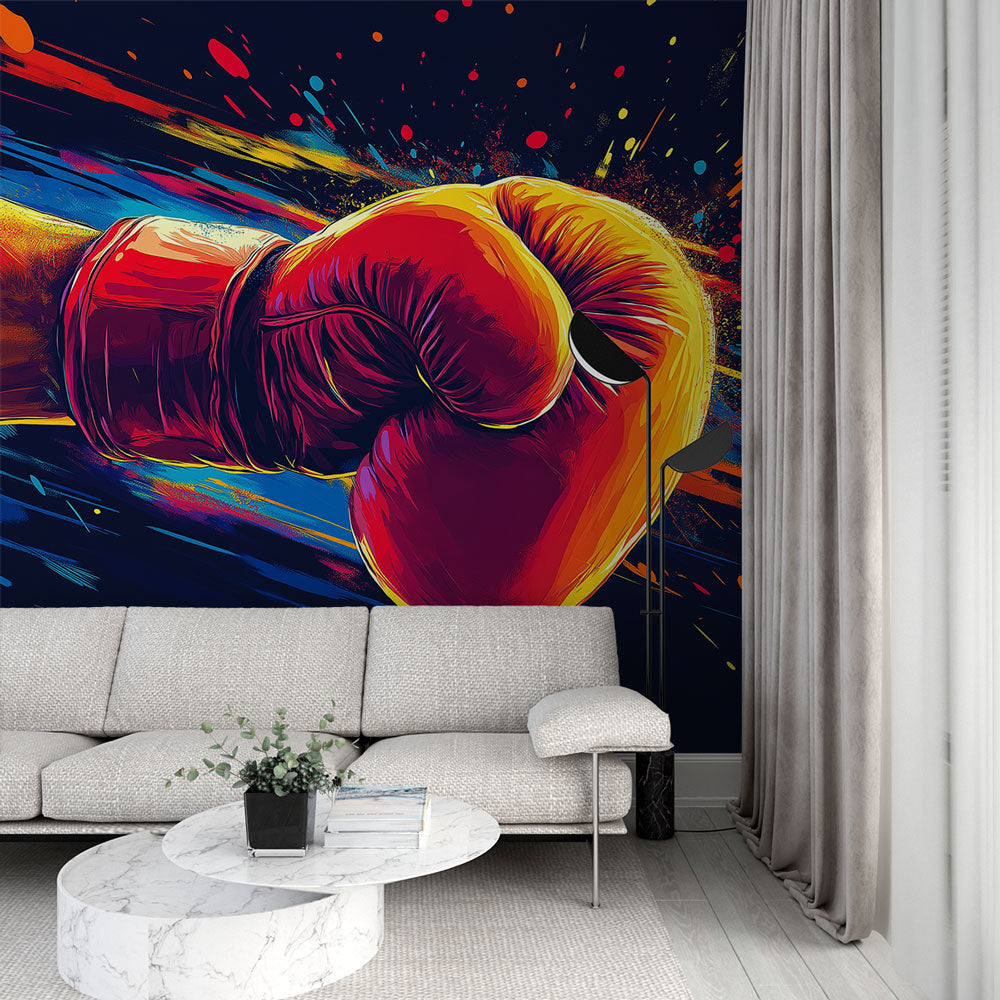 Boxing glove sports wallpaper displayed in a modern home gym, showing vibrant color splashes against a navy background