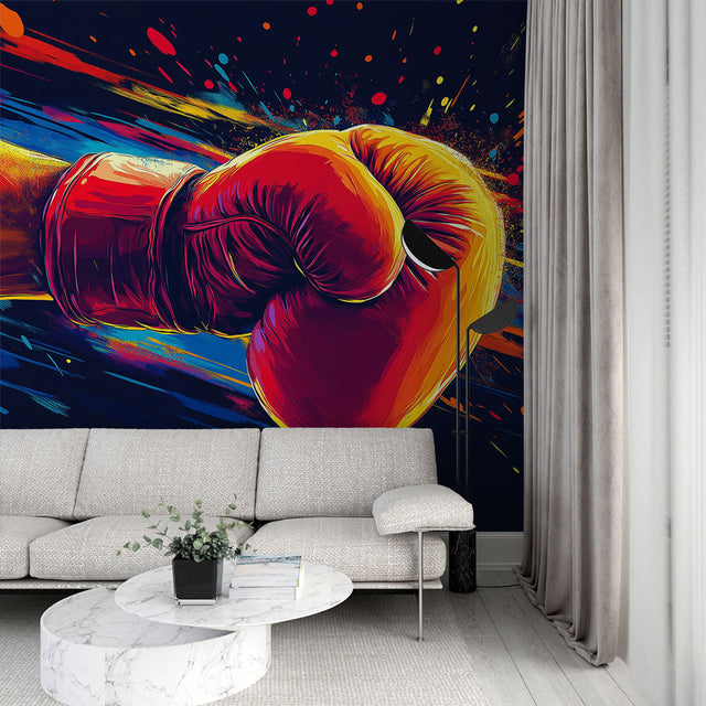 Boxing glove sports wallpaper displayed in a modern home gym, showing vibrant color splashes against a navy background