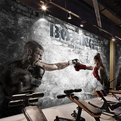 Boxing wallpaper displayed in modern home gym, showing dramatic black and white design