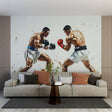 Boxing wallpaper mural displayed in modern home gym, showing dynamic watercolor fighters in action against clean white walls