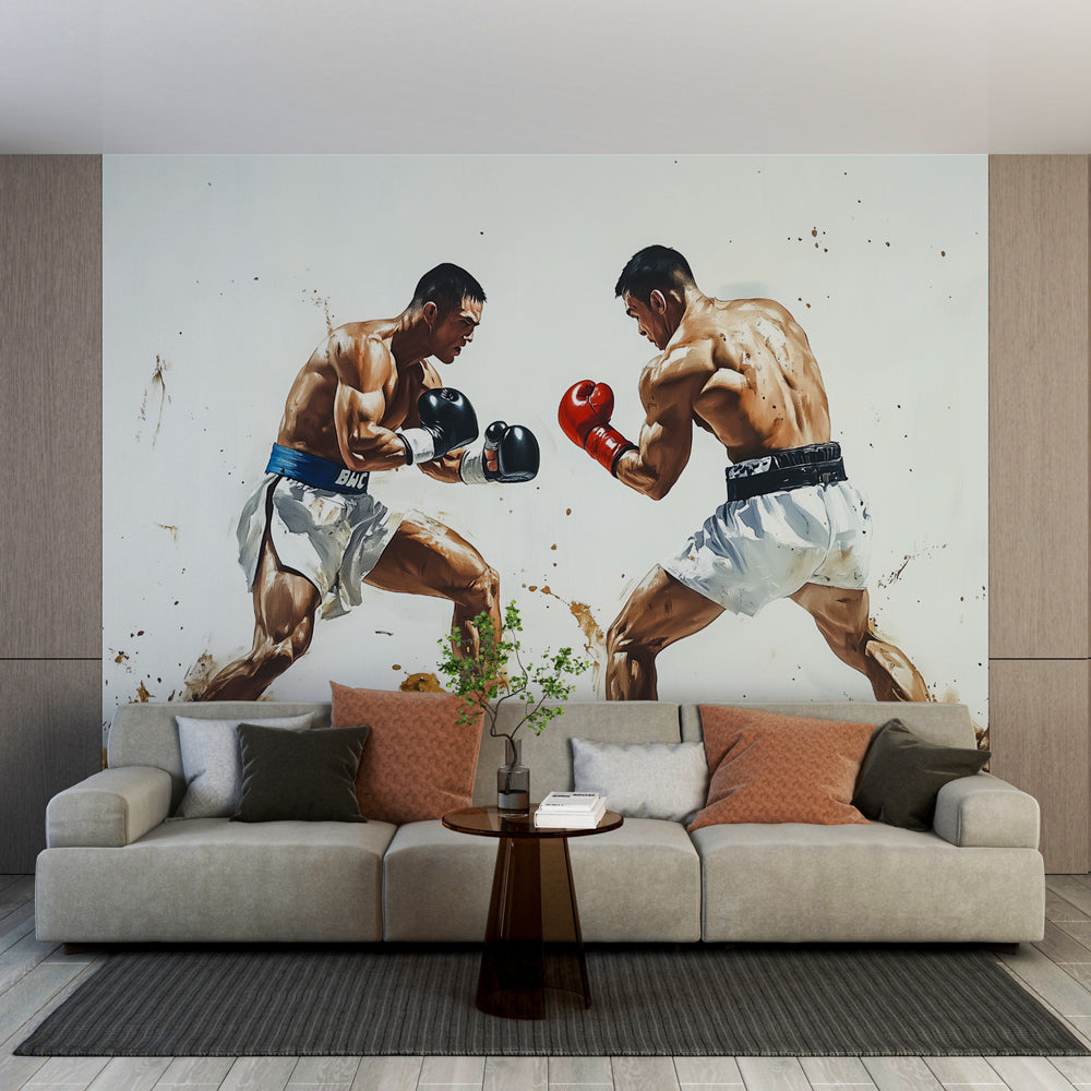 Boxing wallpaper mural displayed in modern home gym, showing dynamic watercolor fighters in action against clean white walls