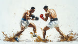 Boxing watercolor design file showing intense match moment with splashing colors and dynamic movement