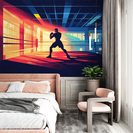 Boxing mural wallpaper shown in modern home gym, creating an inspiring workout atmosphere with sunset colors
