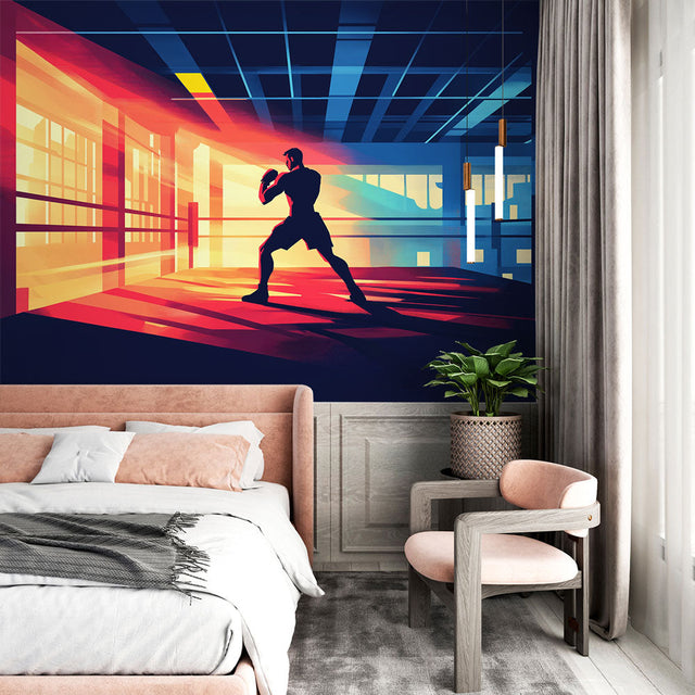 Boxing mural wallpaper shown in modern home gym, creating an inspiring workout atmosphere with sunset colors