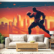 Boxing wallpaper mural showcased in a modern home gym with training equipment and dramatic lighting