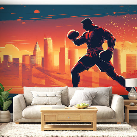 Boxing wallpaper mural showcased in a modern home gym with training equipment and dramatic lighting