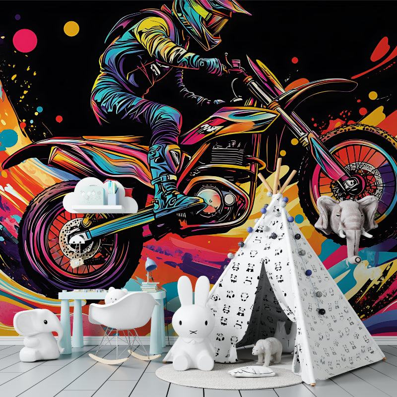 Motorcycle graffiti wallpaper bringing urban edge to modern living room with colorful street art design