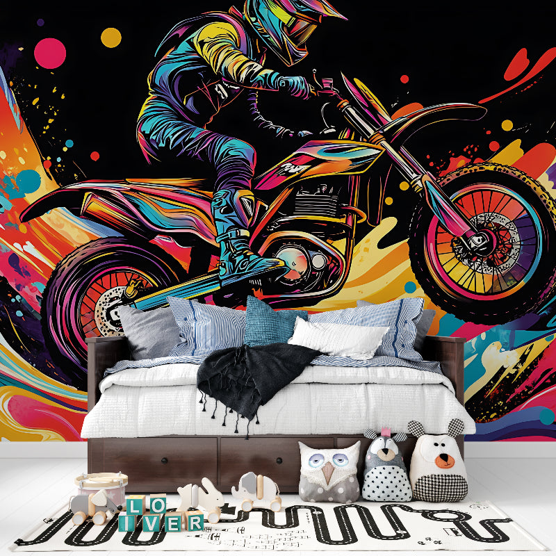 Street art motorcycle mural making bold statement in teen bedroom with vibrant graffiti style