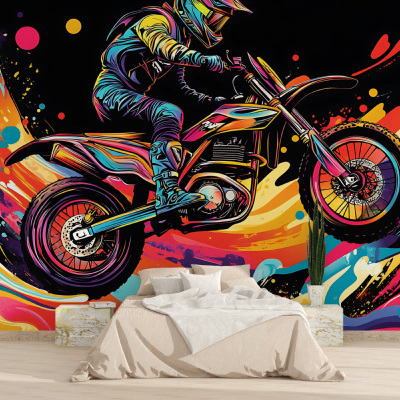 Urban graffiti motorcycle wallpaper transforming game room with dynamic street art energy