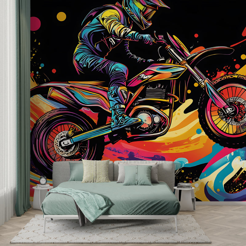 Street art wallpaper design featuring motorcycle in man cave with urban graffiti style