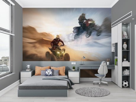 ATV racing wallpaper in modern teen bedroom showing dynamic sports action and desert landscape