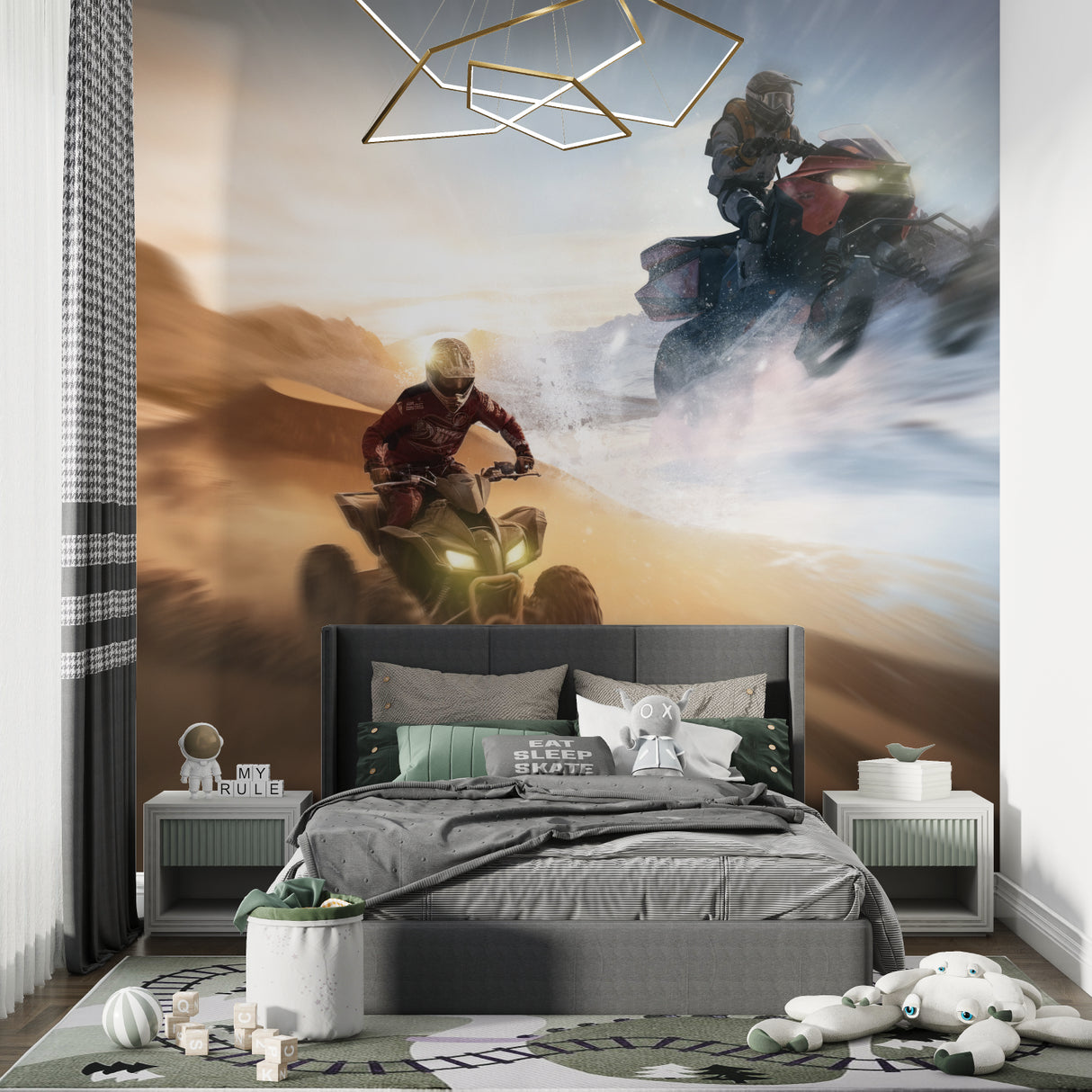 Off-road racing mural displayed in game room with ATV action scene