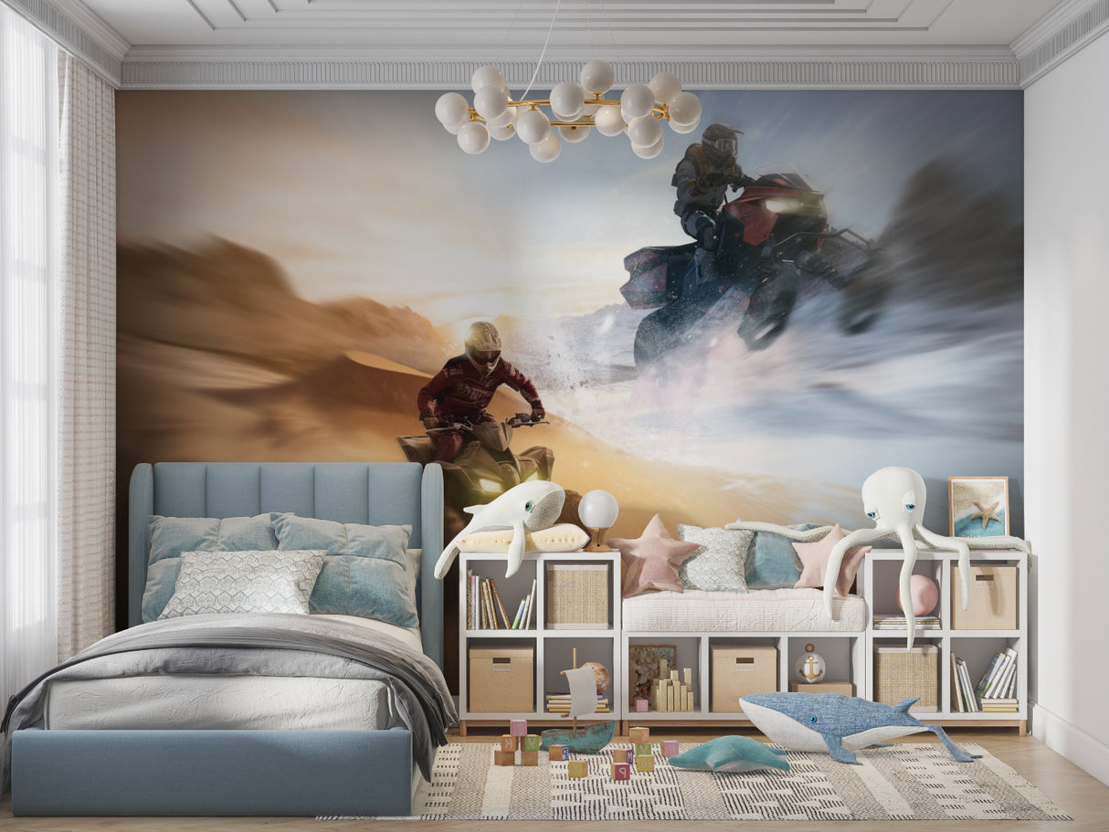 Motorsport wall mural in living room showcasing dramatic ATV racing scene
